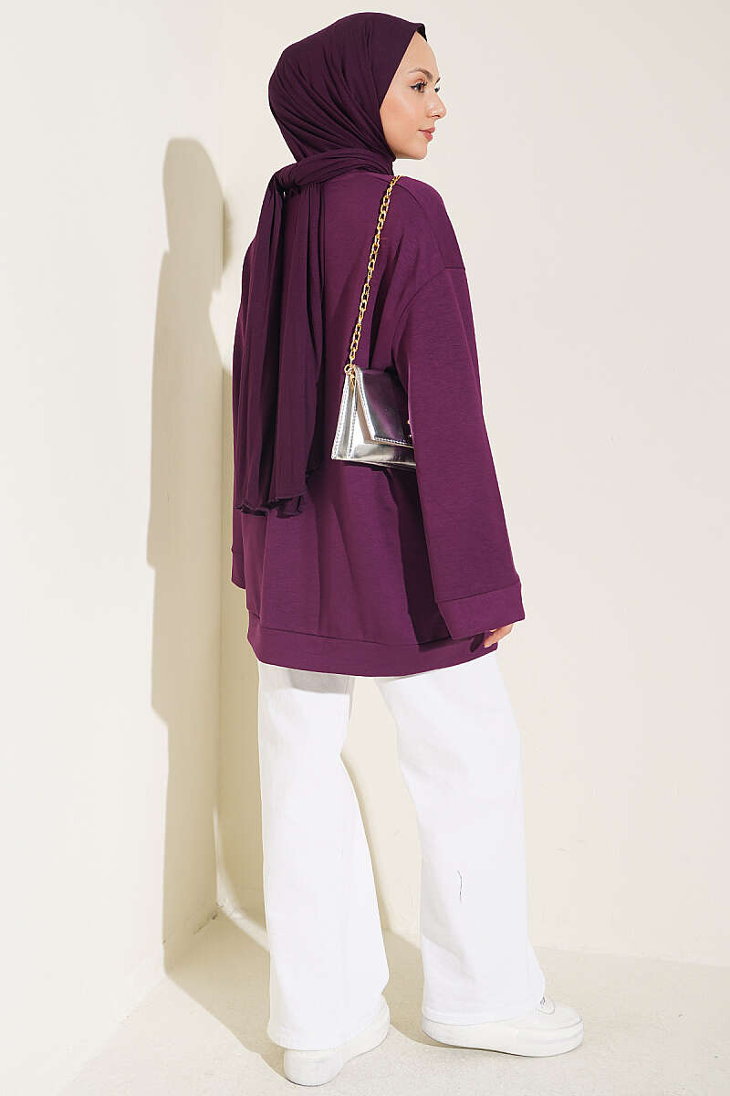 Raglan Sleeve Crew Neck Tunic with Side Slit Plum - immagine 3