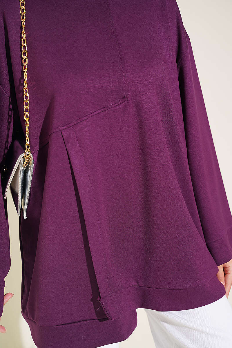 Raglan Sleeve Crew Neck Tunic with Side Slit Plum - immagine 4