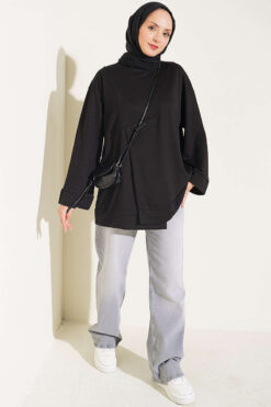Alternative view of Raglan Sleeve Crew Neck Tunic with Side Slit Black