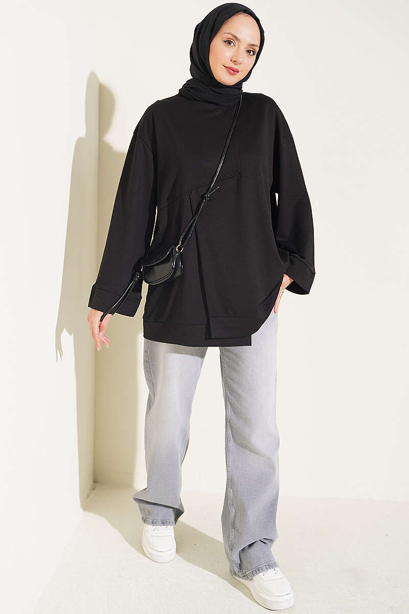 Raglan Sleeve Crew Neck Tunic with Side Slit Black - immagine 2
