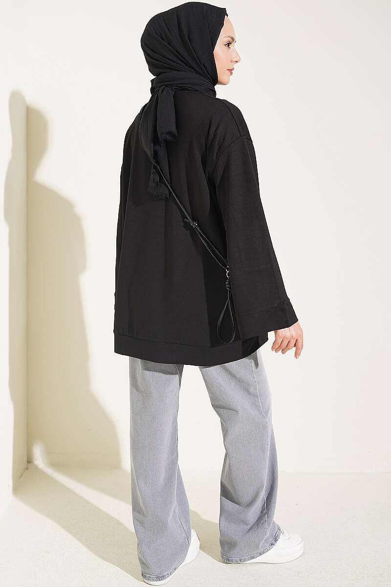Raglan Sleeve Crew Neck Tunic with Side Slit Black - immagine 3