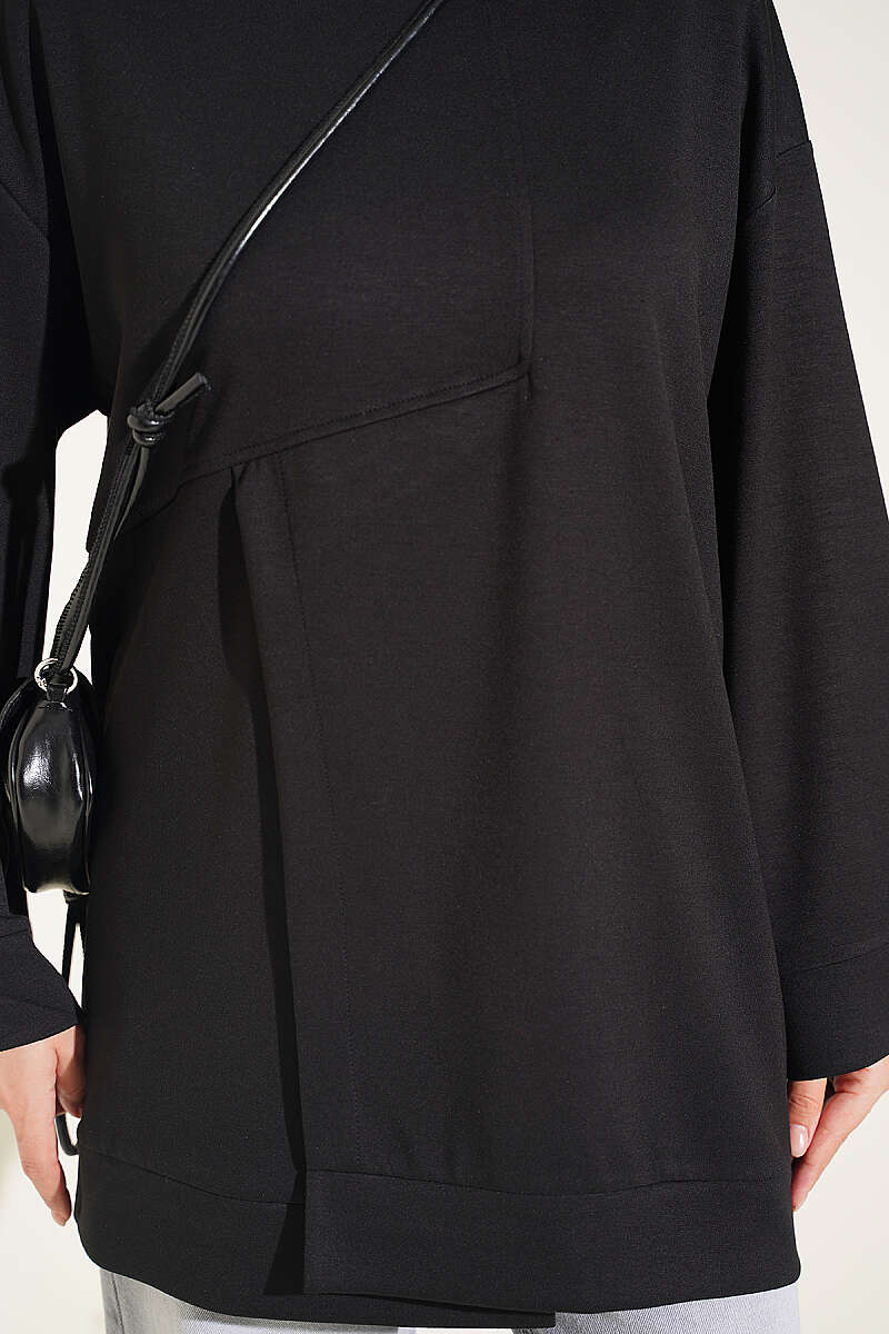Raglan Sleeve Crew Neck Tunic with Side Slit Black - immagine 4