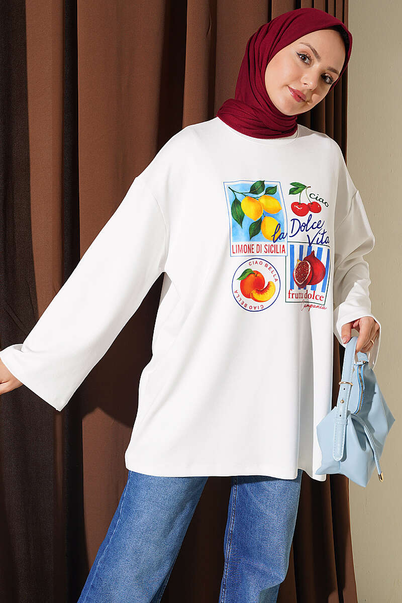 Round Neck Fruit-Print French Terry Tunic Ecru