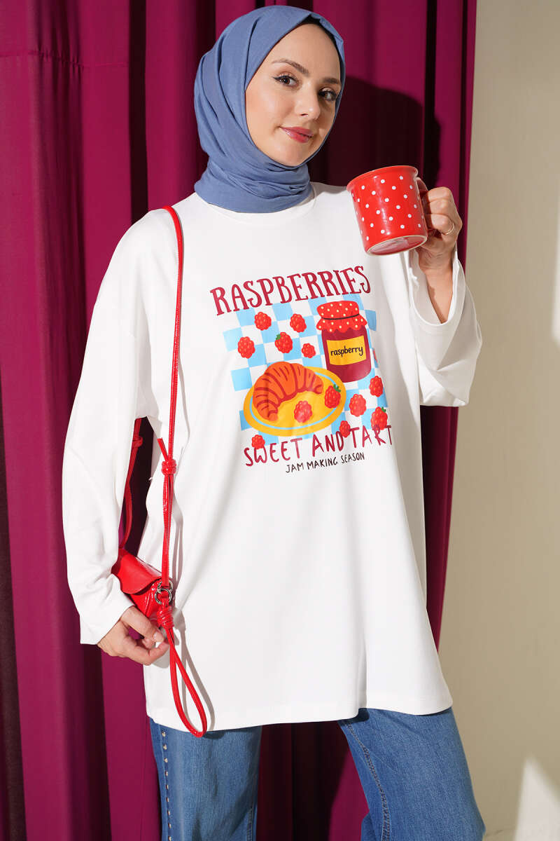 Raspberry Print French Terry Crew Neck Tunic Ecru