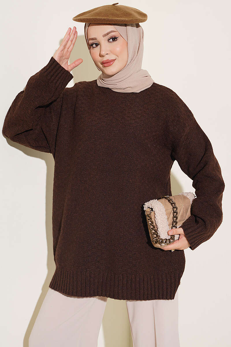 Ribbed Crew Neck Knit Tunic Brown