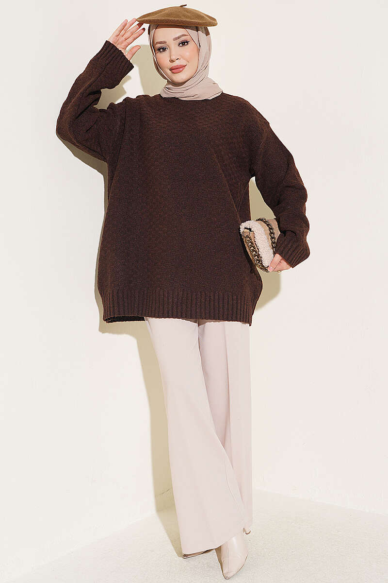 Ribbed Crew Neck Knit Tunic Brown - Imagen 2