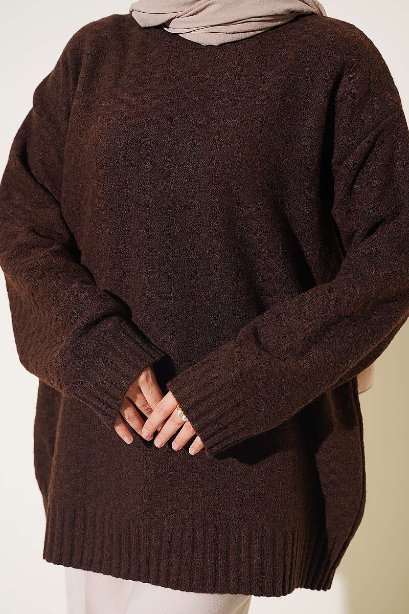 Ribbed Crew Neck Knit Tunic Brown - Imagen 4