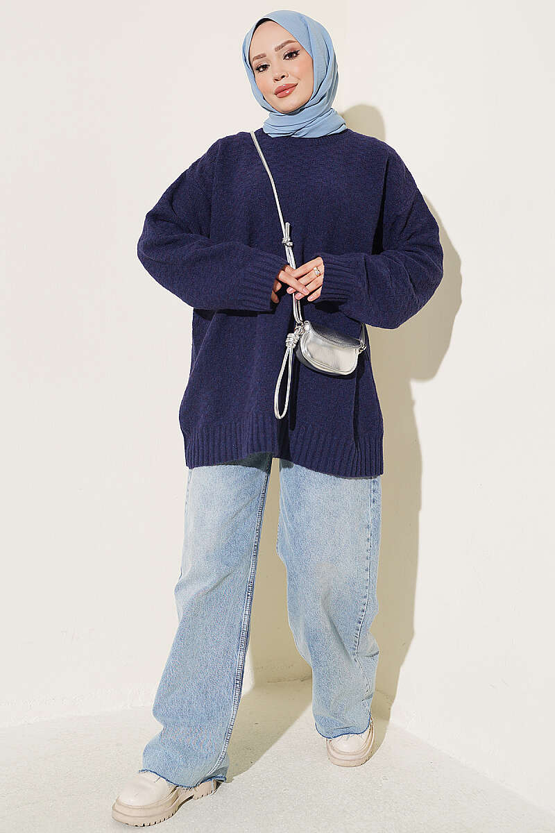 Ribbed Crew Neck Knit Tunic Navy Blue - Image 2