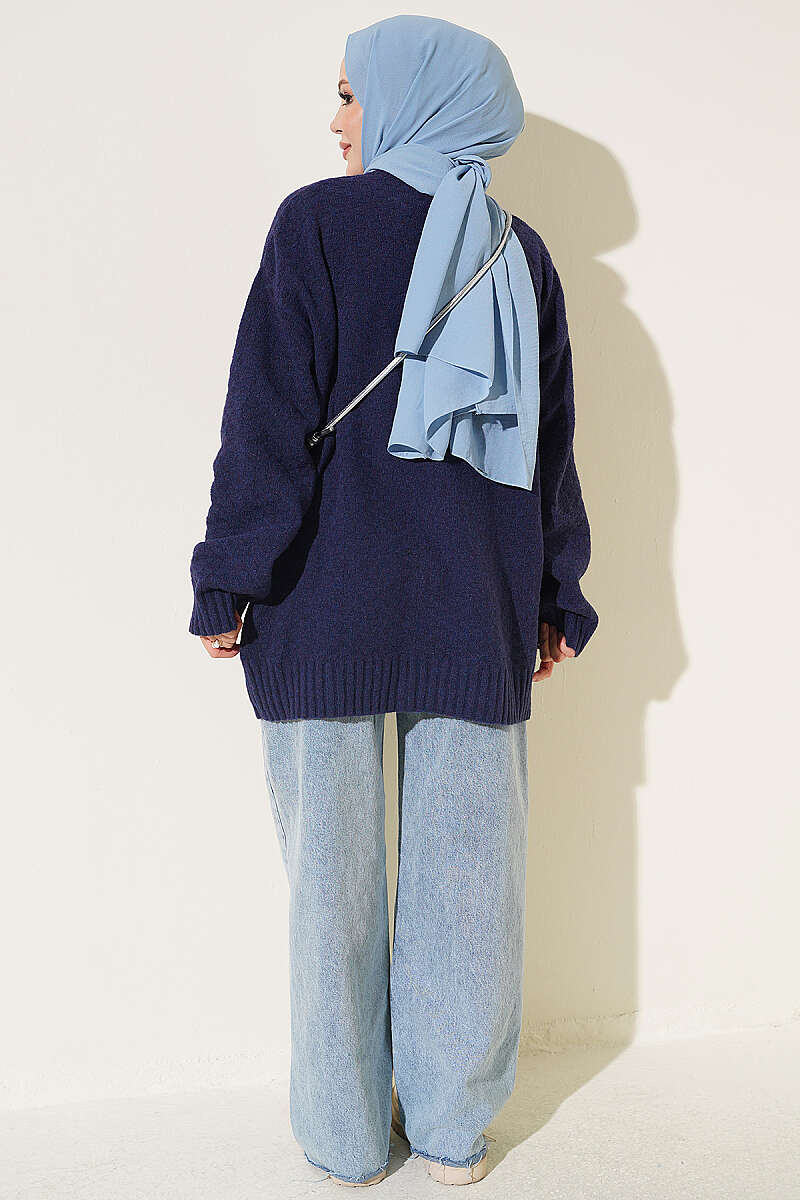 Ribbed Crew Neck Knit Tunic Navy Blue - Image 3