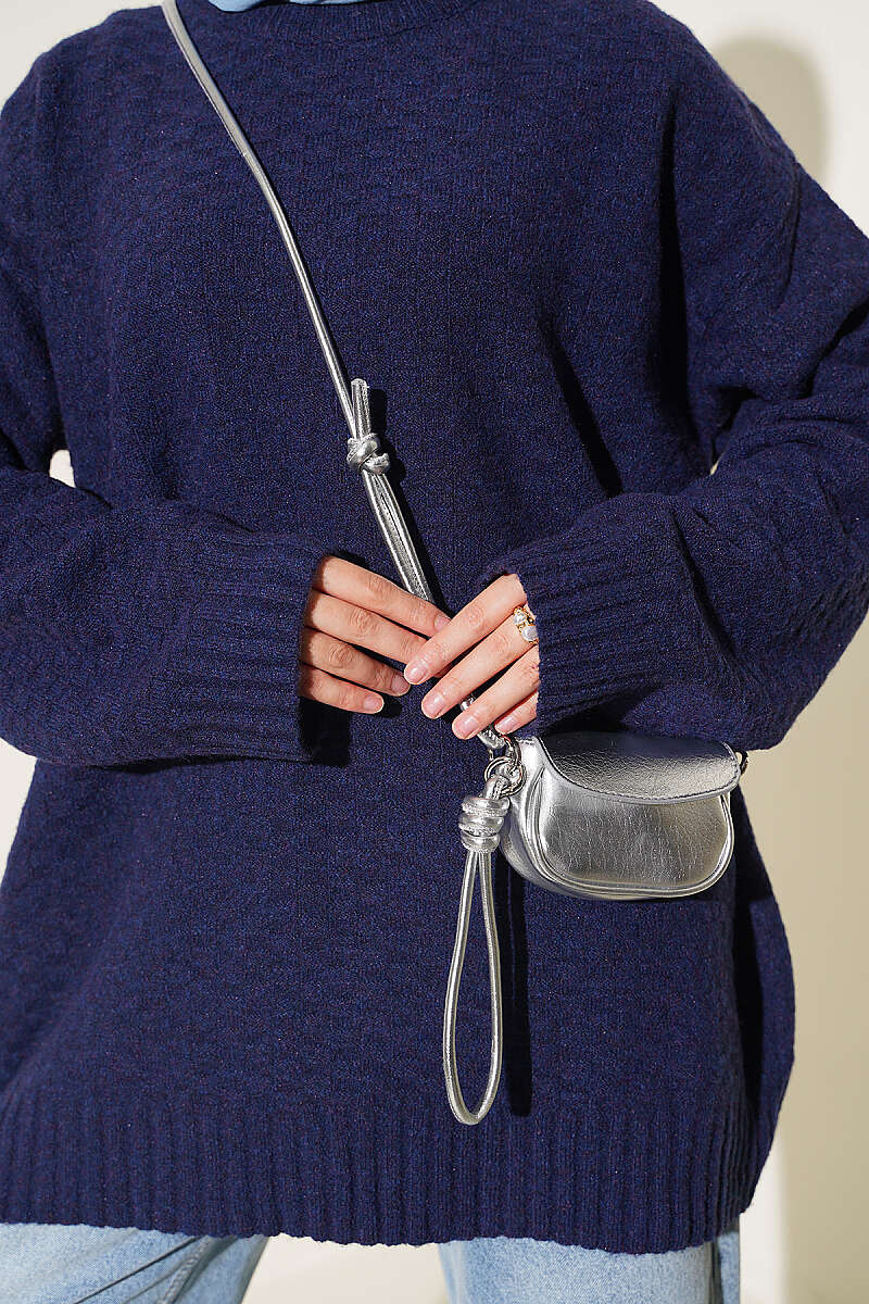 Ribbed Crew Neck Knit Tunic Navy Blue - Image 4