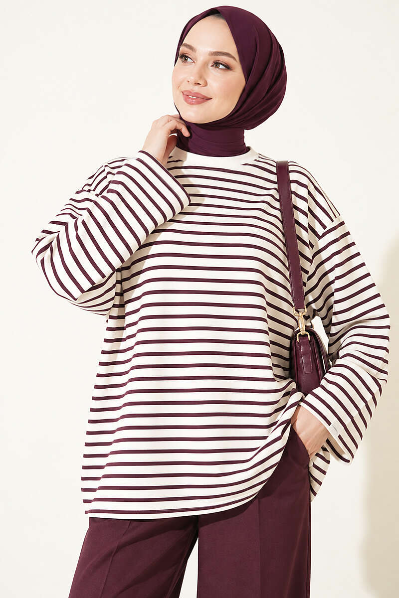 Striped Crew Neck Loose Fit Tunic Plum