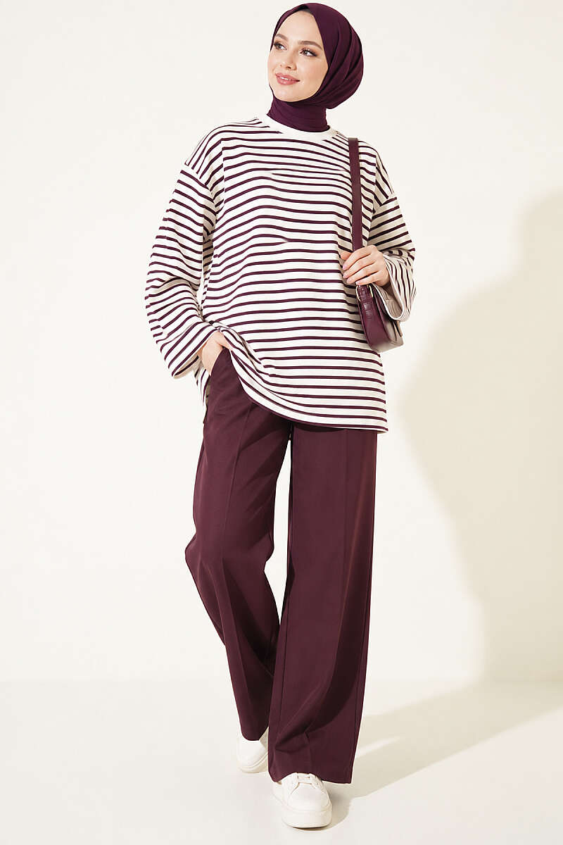 Striped Crew Neck Loose Fit Tunic Plum - الصورة 2