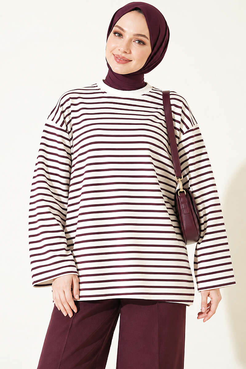 Striped Crew Neck Loose Fit Tunic Plum - الصورة 3