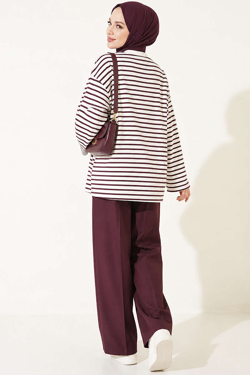 Striped Crew Neck Loose Fit Tunic Plum - الصورة 4