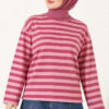 Ribbed Crew Neck Horizontal Striped French Terry Tunic with Rose Detail Rose Dust