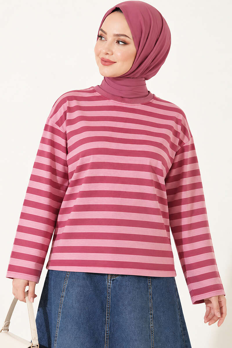 Ribbed Crew Neck Horizontal Striped French Terry Tunic with Rose Detail Rose Dust