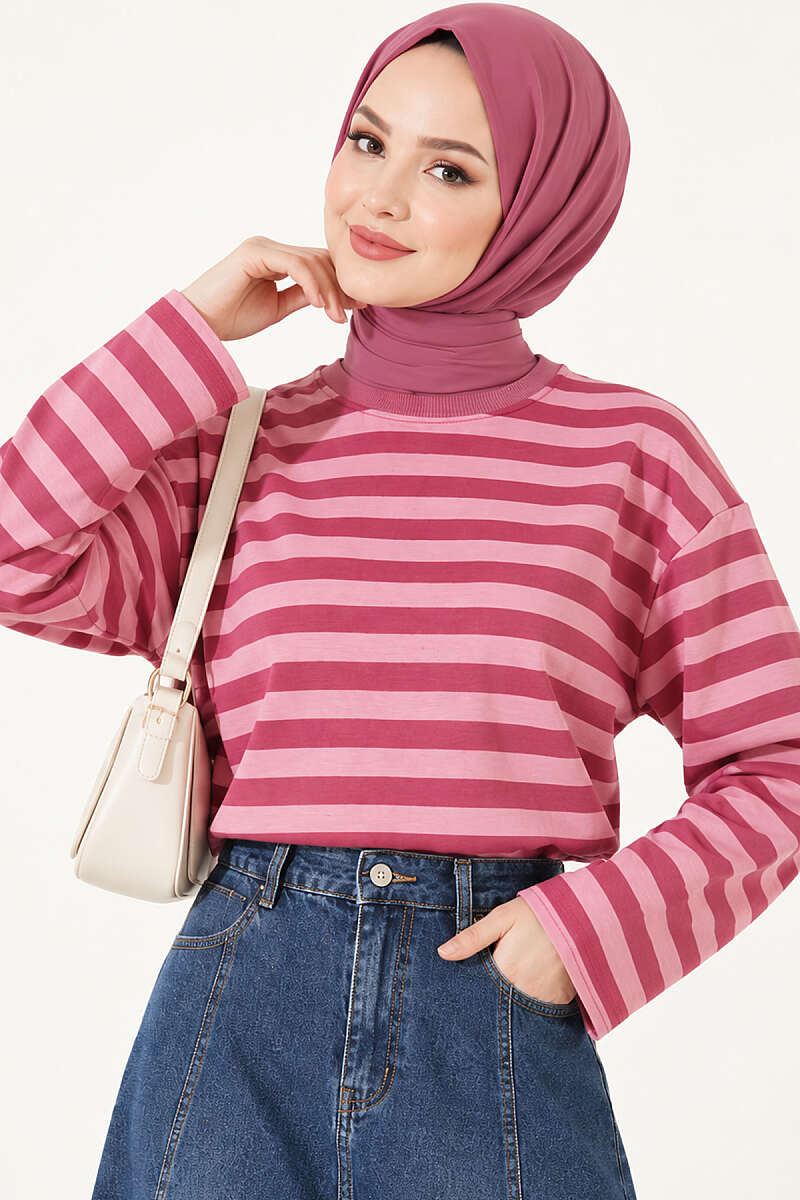 Ribbed Crew Neck Horizontal Striped French Terry Tunic with Rose Detail Rose Dust – Image 2