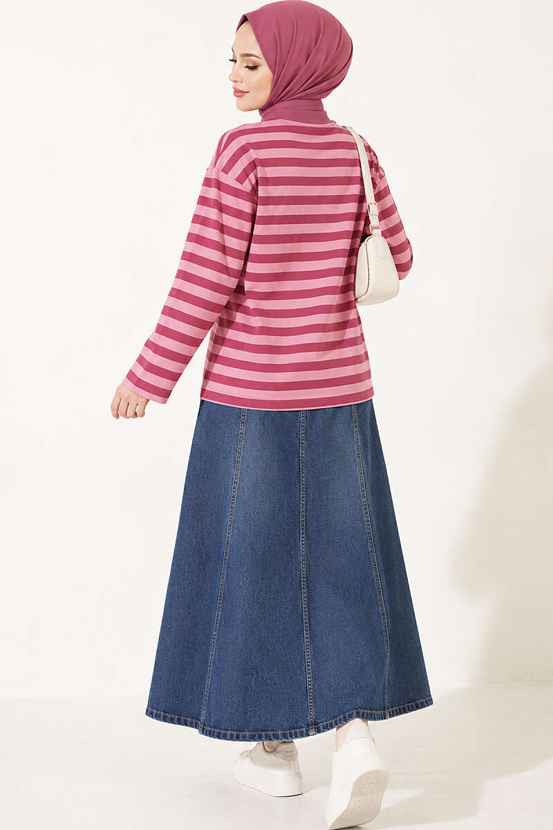 Ribbed Crew Neck Horizontal Striped French Terry Tunic with Rose Detail Rose Dust – Image 4