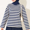 Ribbed Crew Neck Horizontal Striped French Terry Tunic with Rose Detail Navy Blue
