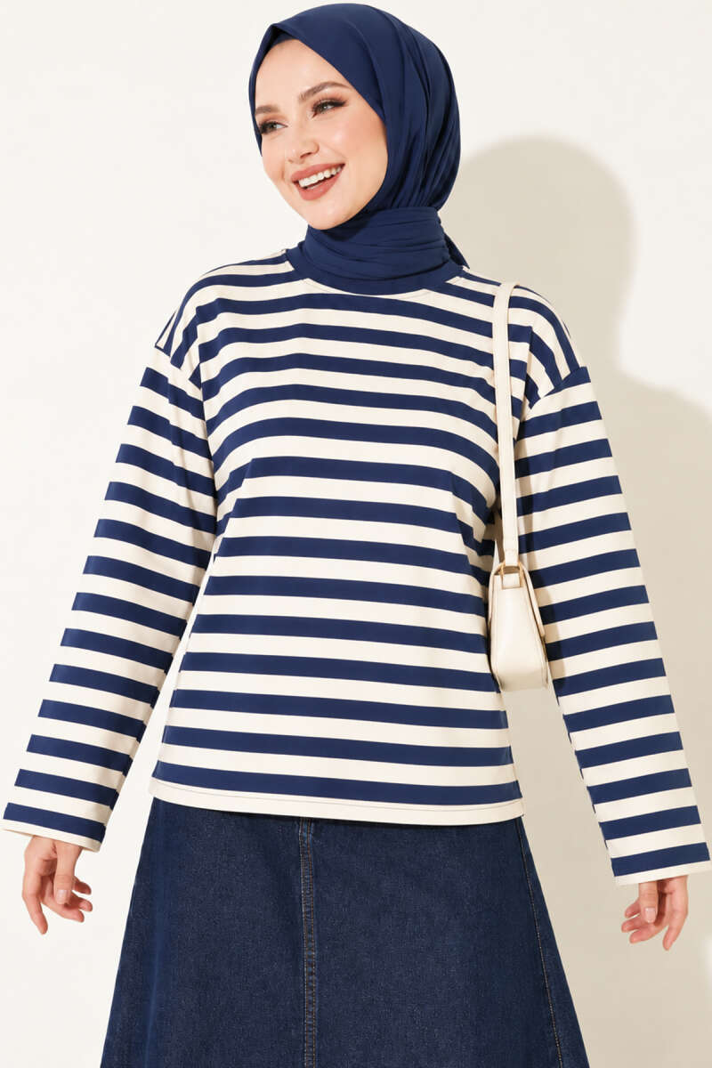 Ribbed Crew Neck Horizontal Striped French Terry Tunic with Rose Detail Navy Blue