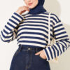 Ribbed Crew Neck Horizontal Striped French Terry Tunic with Rose Detail Navy Blue – Image 2