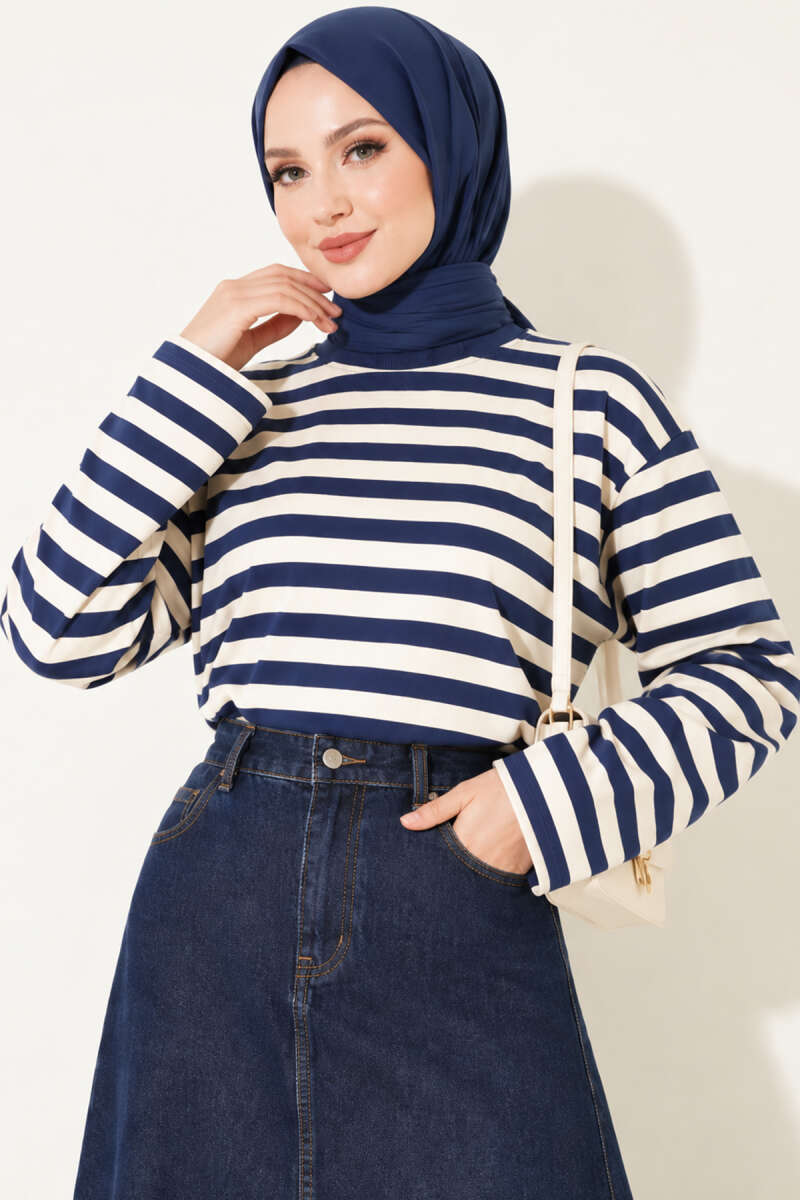 Ribbed Crew Neck Horizontal Striped French Terry Tunic with Rose Detail Navy Blue – Image 2