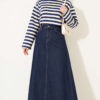 Ribbed Crew Neck Horizontal Striped French Terry Tunic with Rose Detail Navy Blue – Image 3