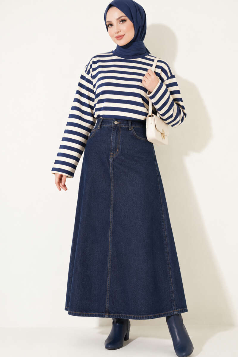 Ribbed Crew Neck Horizontal Striped French Terry Tunic with Rose Detail Navy Blue – Image 3