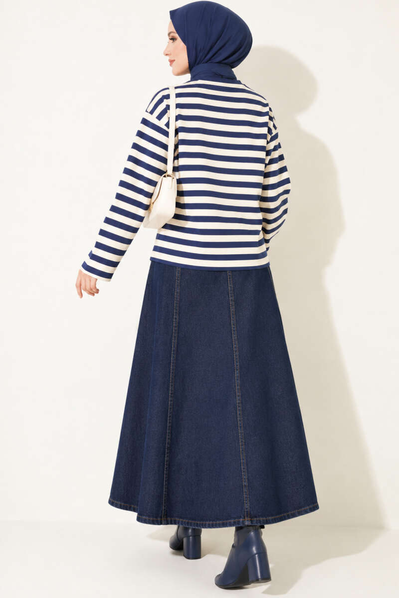 Ribbed Crew Neck Horizontal Striped French Terry Tunic with Rose Detail Navy Blue – Image 4