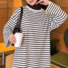 Striped French terry raglan top with a side slit Brown