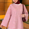Striped French terry raglan top with a side slit Red