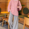 Striped French terry raglan top with a side slit Red – Bild 2