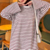 Striped French terry raglan top with a side slit Plum