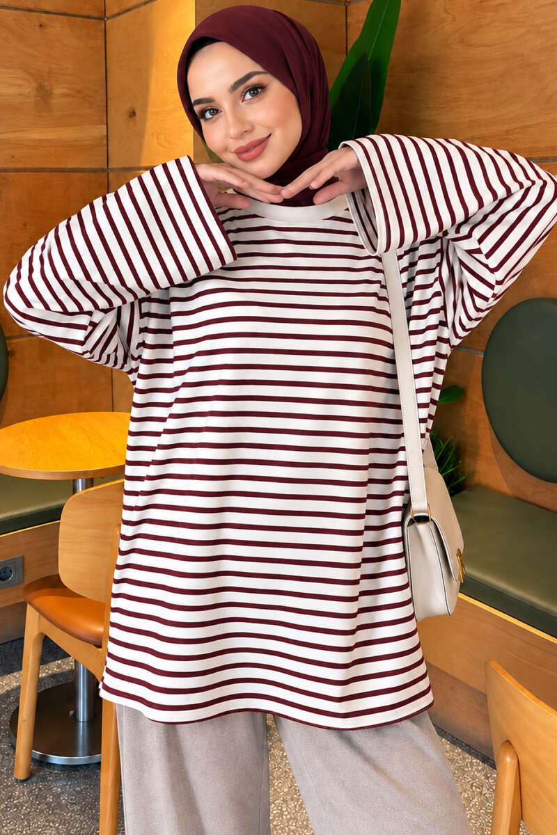 Striped French terry raglan top with a side slit Plum