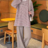 Striped French terry raglan top with a side slit Plum - الصورة 2