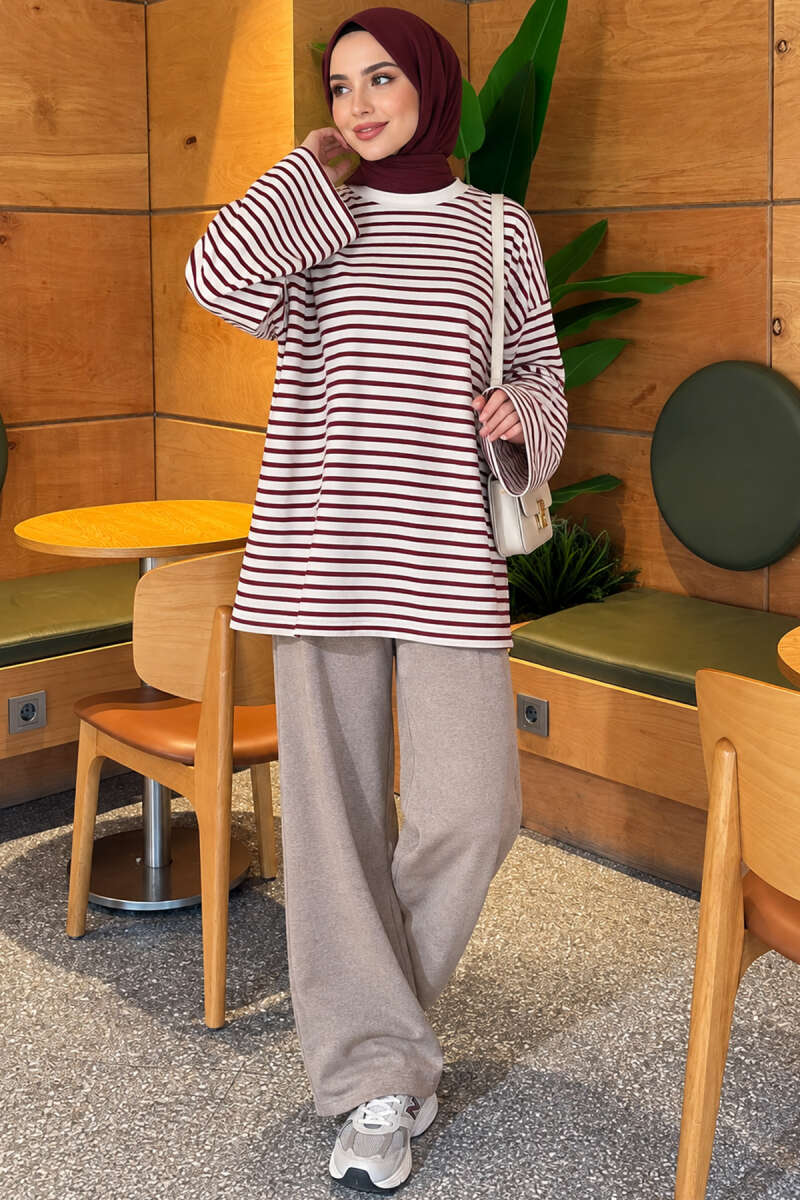 Striped French terry raglan top with a side slit Plum - الصورة 2