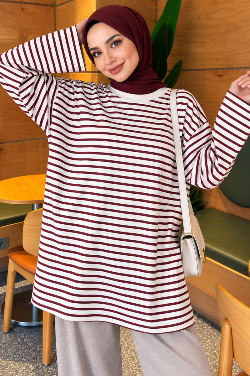 Striped French terry raglan top with a side slit Plum - الصورة 3