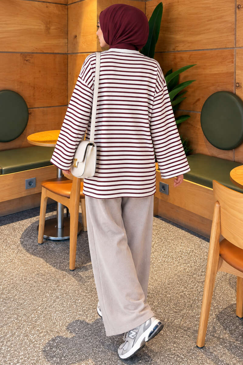 Striped French terry raglan top with a side slit Plum - الصورة 4