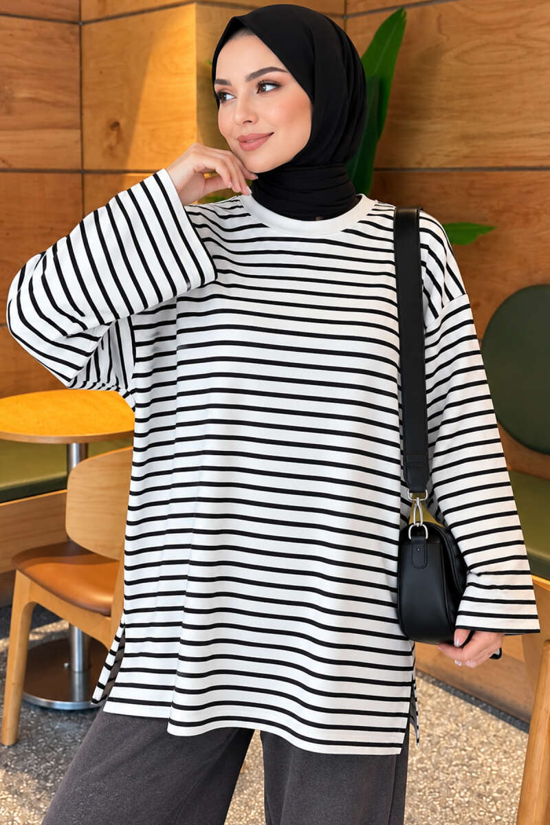 Striped French terry raglan top with a side slit Black
