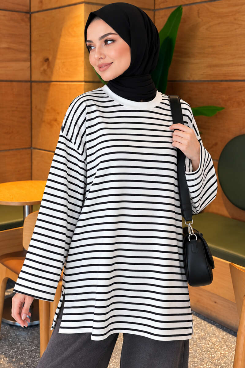 Striped French terry raglan top with a side slit Black - Image 3