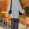 Striped French terry raglan top with a side slit Black - Image 4