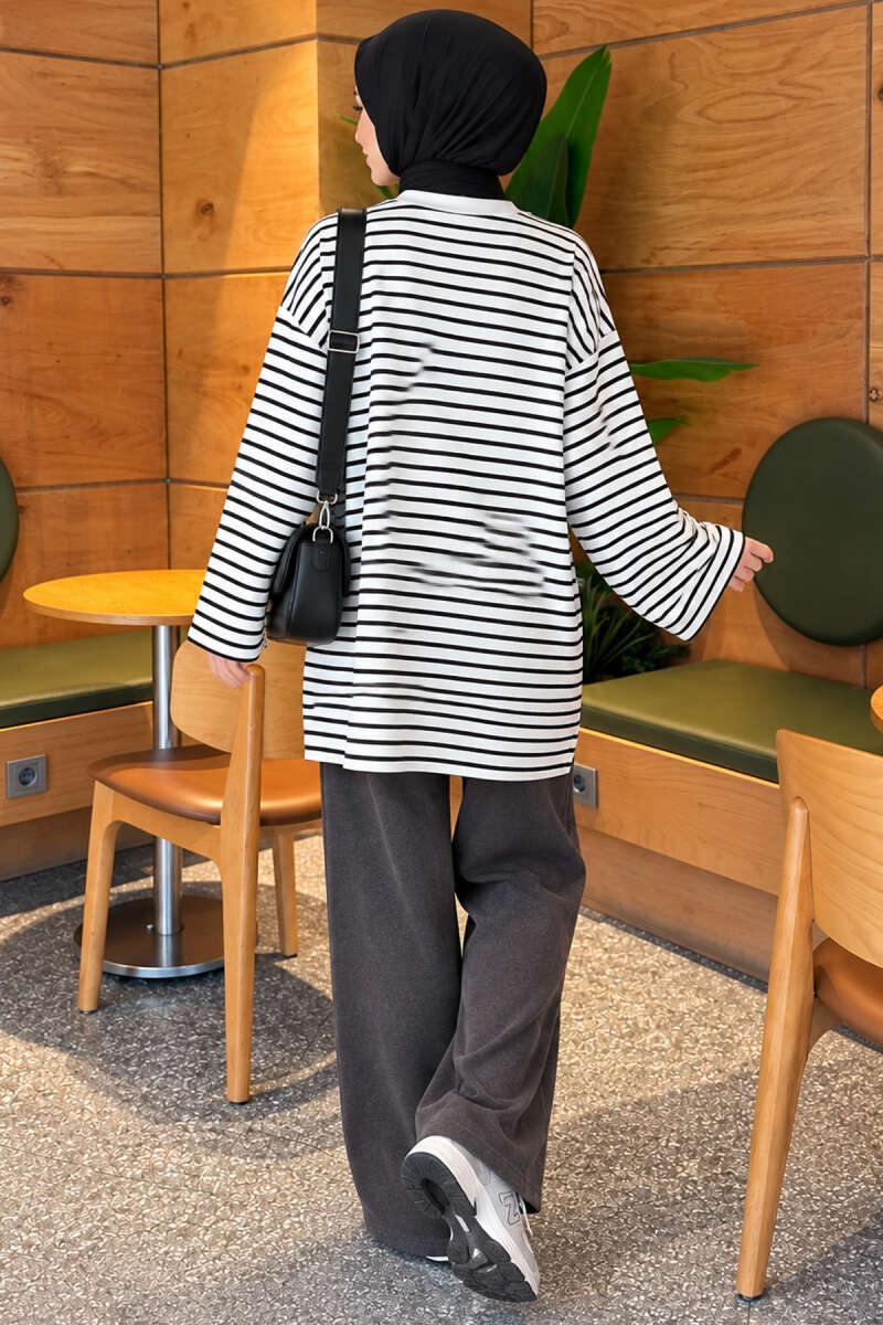 Striped French terry raglan top with a side slit Black - Image 4