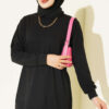 Ribbed Crew Neck Tunic with Side Slits Black