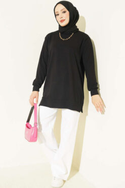 Alternative view of Ribbed Crew Neck Tunic with Side Slits Black
