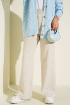 Wide Leg Knit Trousers Beige
