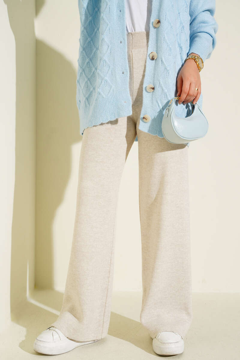 Wide Leg Knit Trousers Beige