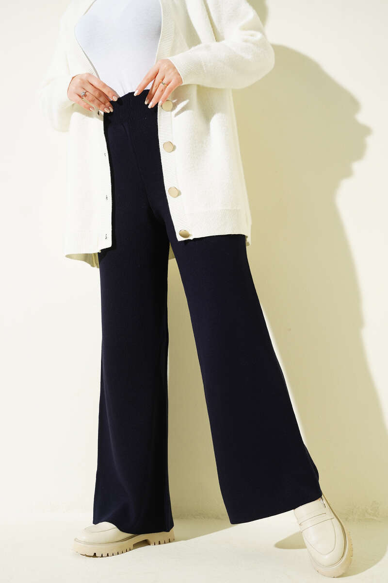 Wide Leg Knit Trousers Navy Blue – Image 2