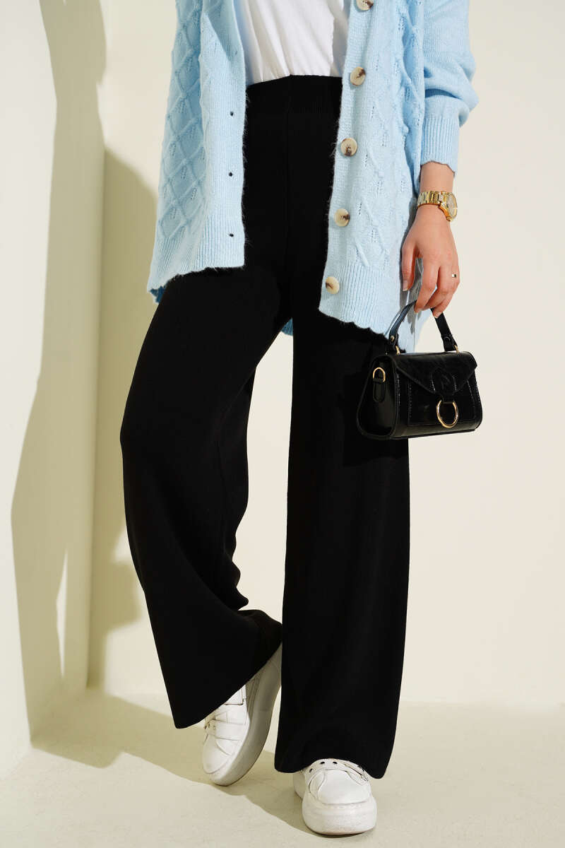 Wide Leg Knit Trousers Black – Image 2