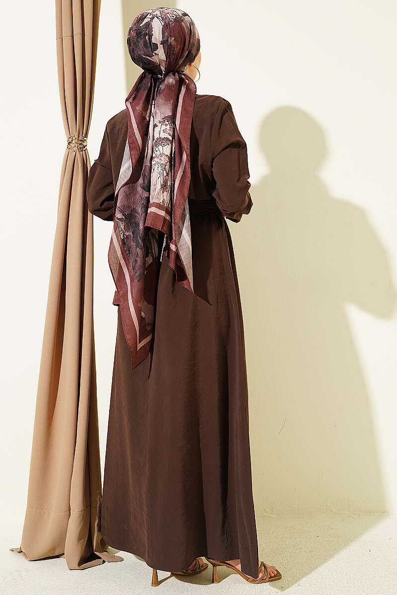 Buttoned Piece Detailed Belted Dress Brown - Imagen 3