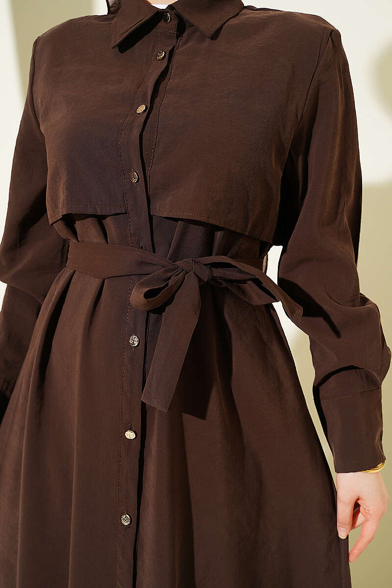 Buttoned Piece Detailed Belted Dress Brown - Imagen 4